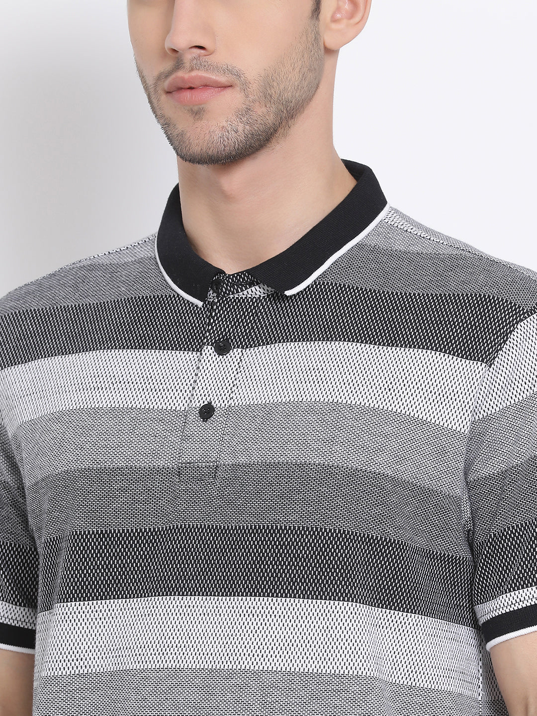 Men Black White Regular Fit Striped Polo Neck T-Shirt