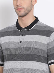 Men Black White Regular Fit Striped Polo Neck T-Shirt