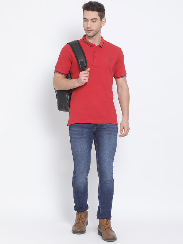 Men Red Regular Fit Solid Polo Neck T-Shirt