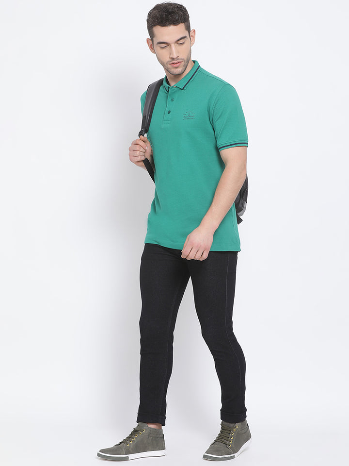 Men Green Regular Fit Solid Polo Neck T-Shirt