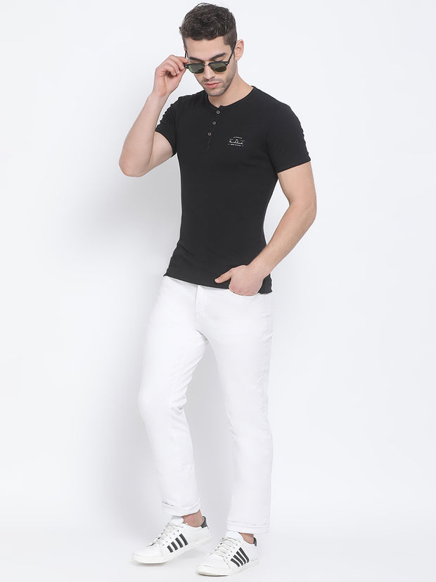 Men Black Regular Fit Solid Henley Neck T-Shirt