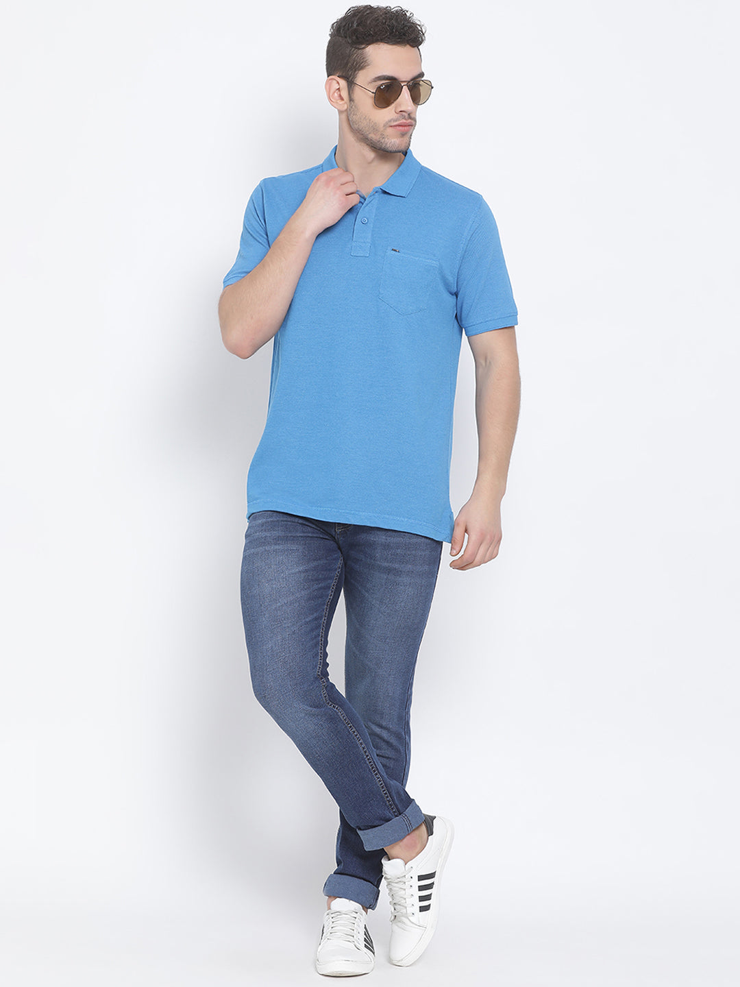 Men Turq Blue Regular Fit Solid Polo Neck T-Shirt