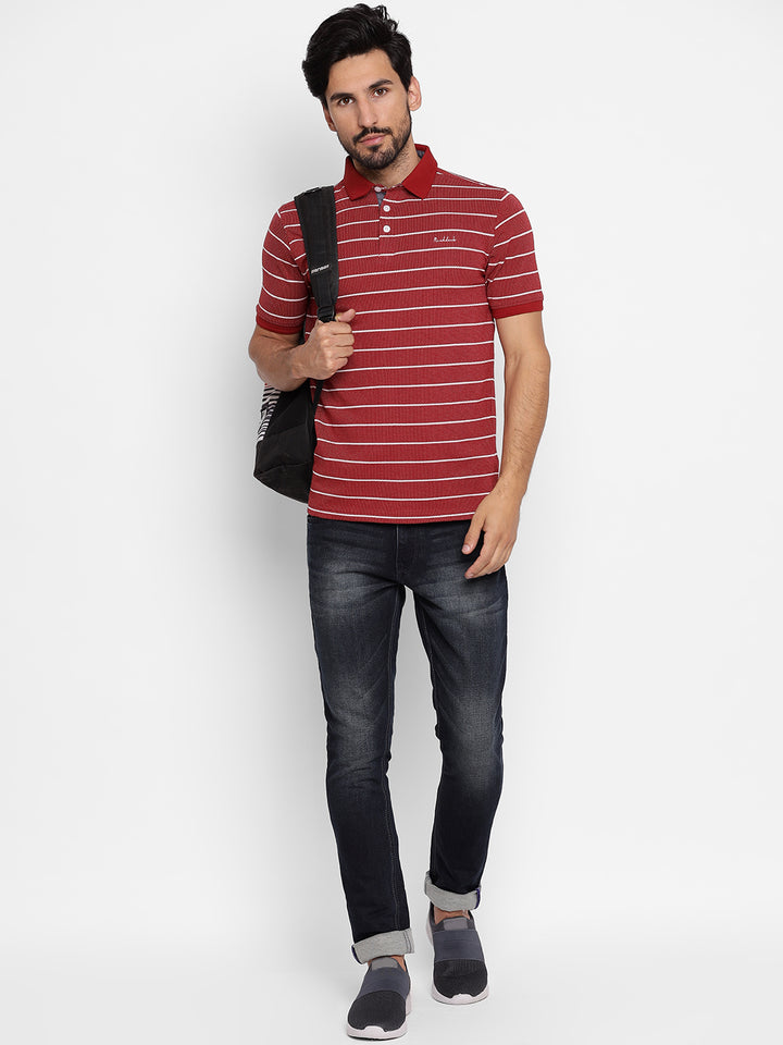 Maroon Regular Fit Striped Polo Neck T-Shirt