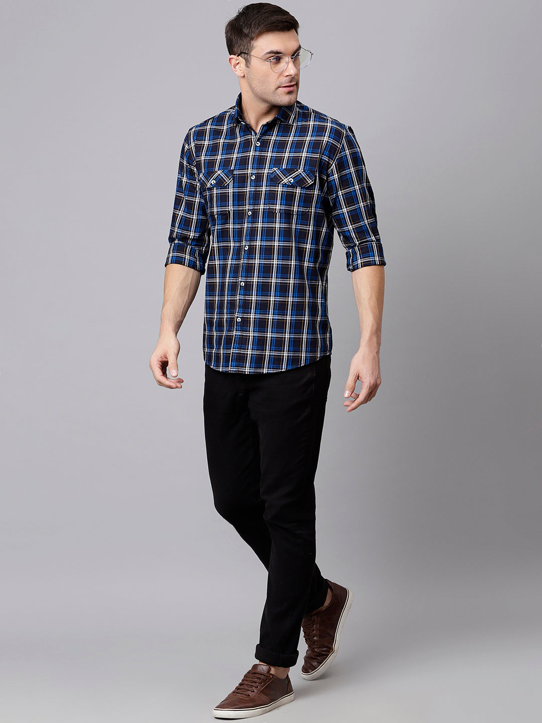 Men Blue Slim Fit Checkered Casual Shirt