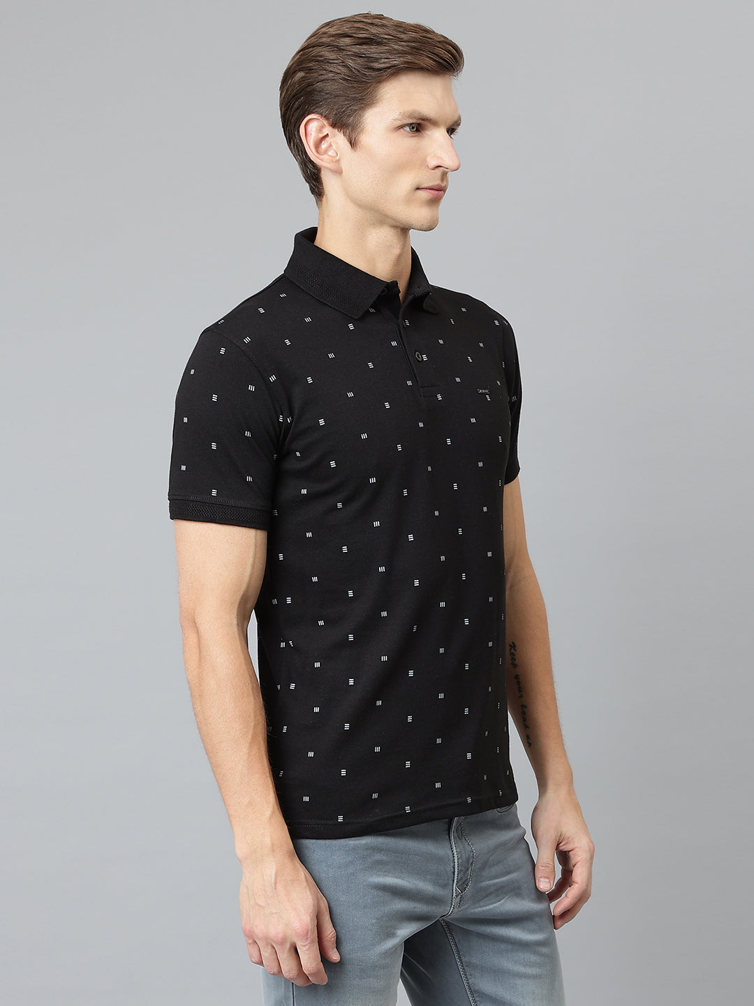 Men Black Regular Fit Printed Polo Neck T-Shirt