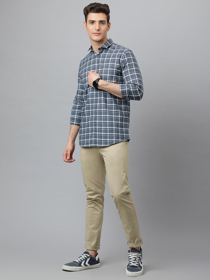 Men Grey Slim Fit Checkered Casual Shirt