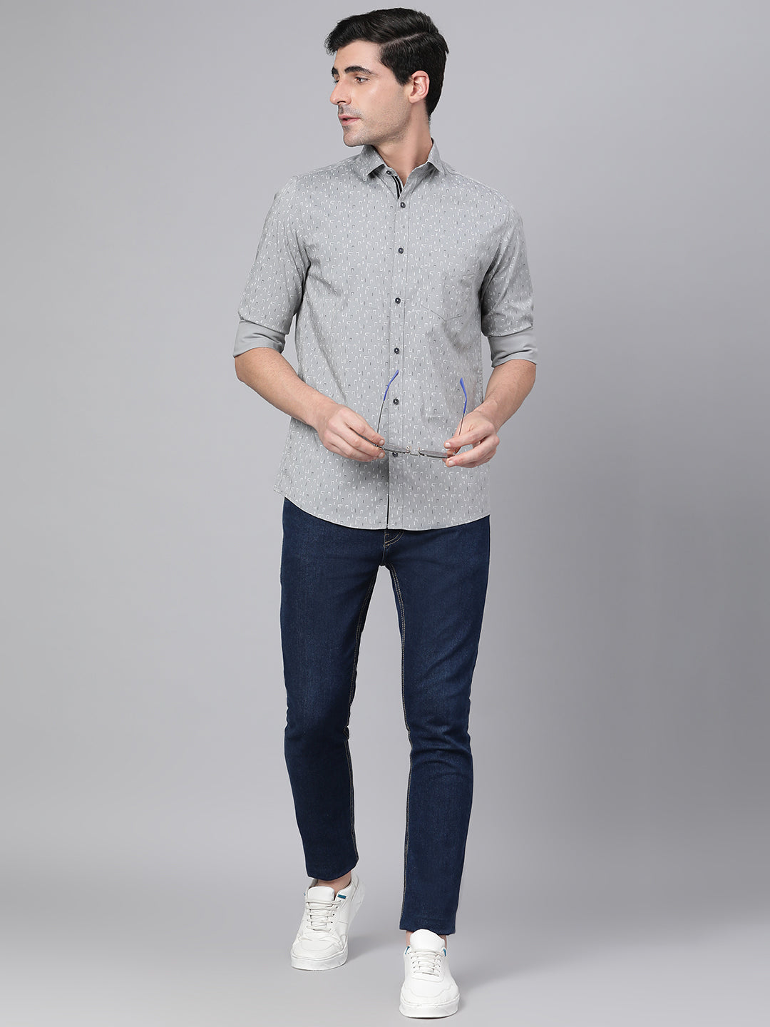 Men Grey Slim Fit Printed Casual Shirt