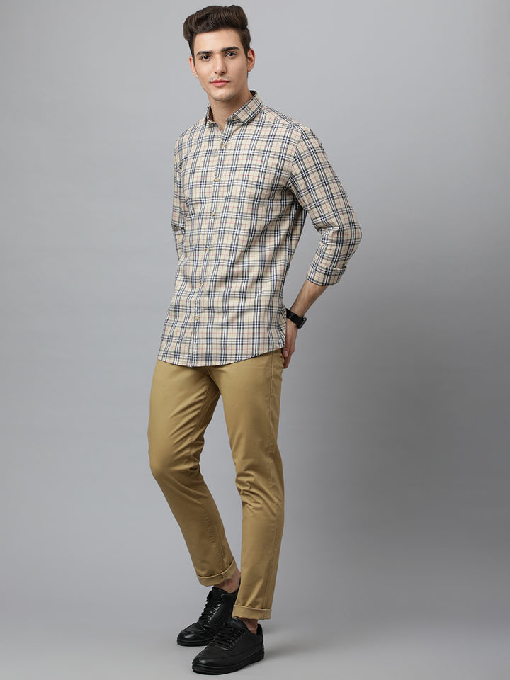 Men Pal Cream  Slim Fit Checkered Casual Shirt