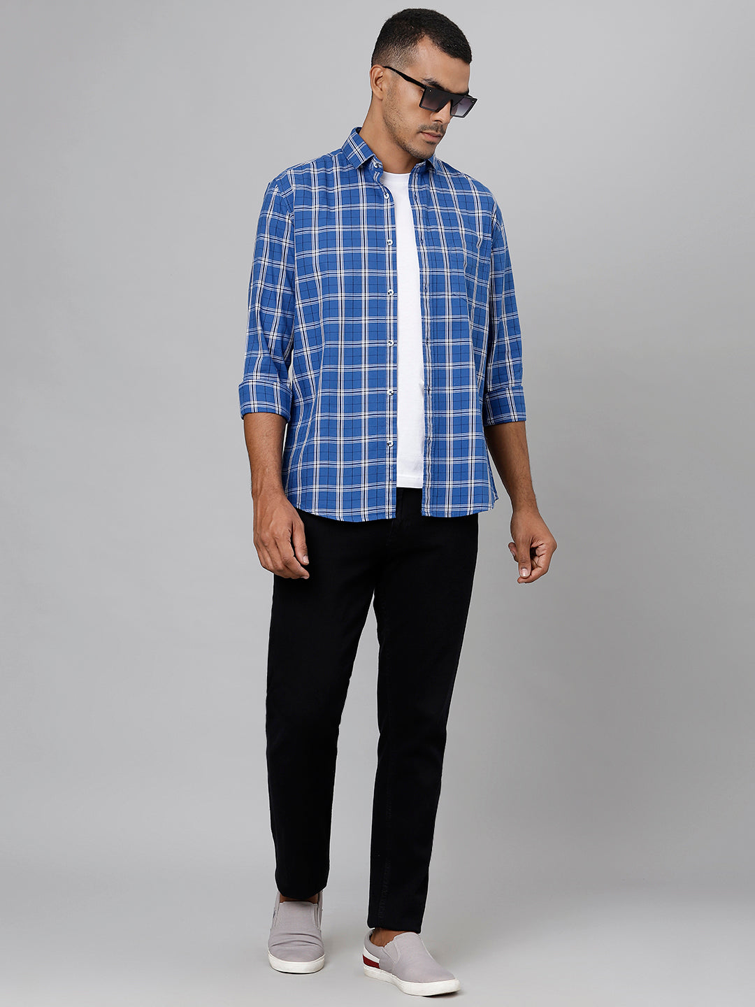 Men Blue Slim Fit Checkered Casual Shirt