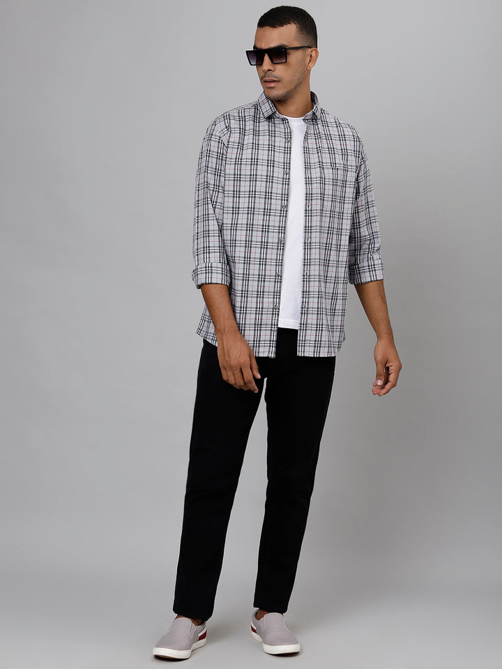 Men Light Grey Slim Fit Checkered Casual Shirt