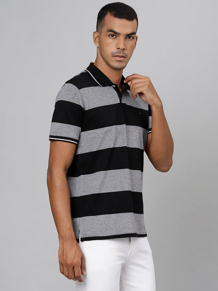 Men Grey Jet Black Regular Fit Striped Polo Neck T-Shirt