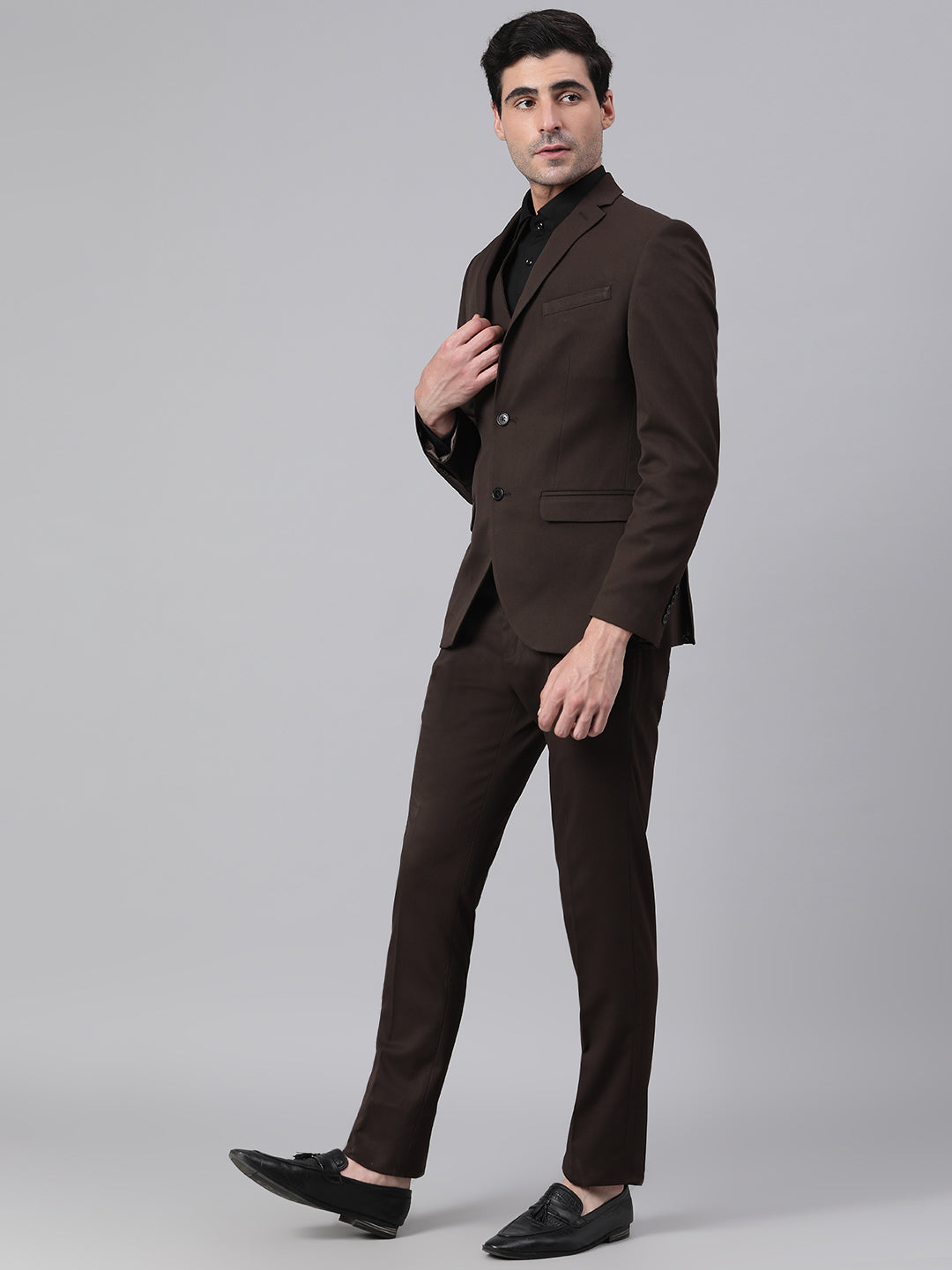 Men Brown 3 Piece Solid Formal Suit