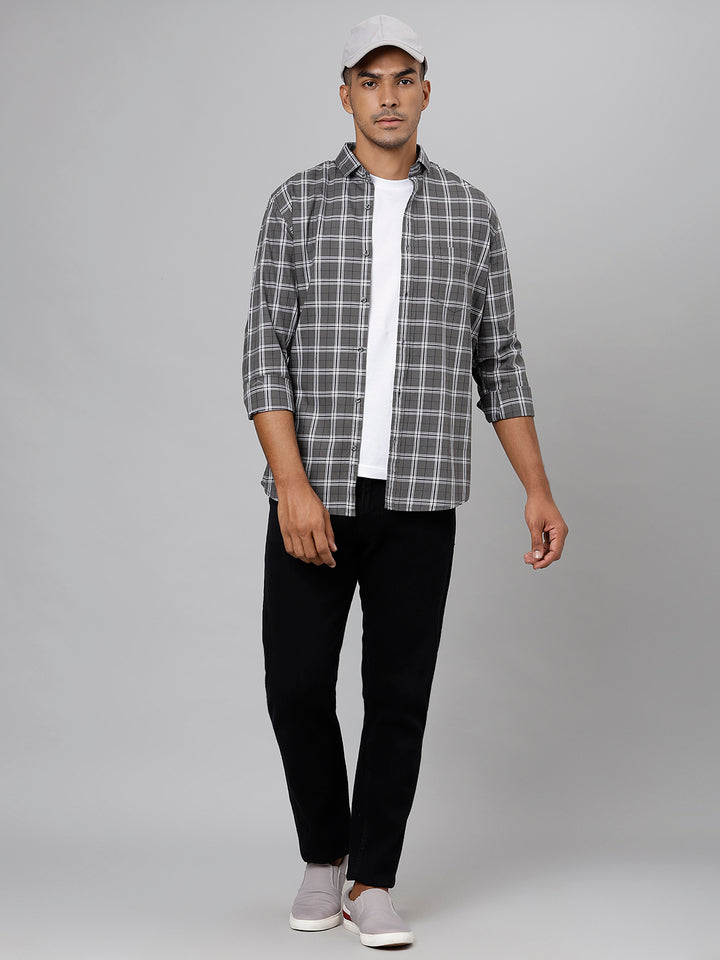 Men Grey Slim Fit Checkered Casual Shirt