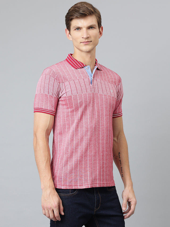 Men Red Regular Fit Striped Polo Neck T-Shirt