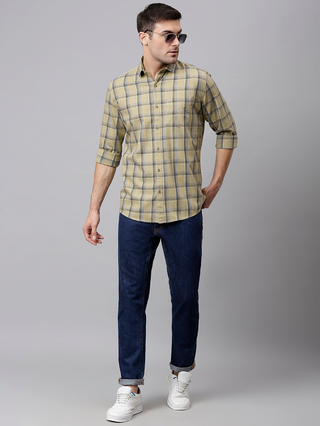 Men Light Khaki  Slim Fit Checkered Casual Shirt