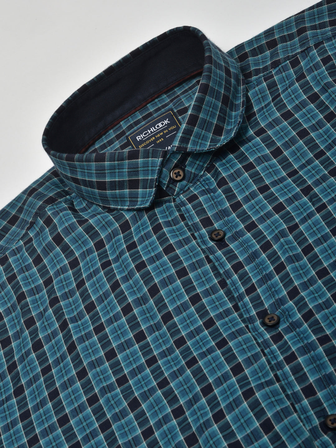 Men Teal Blue Slim Fit Checkered Casual Shirt