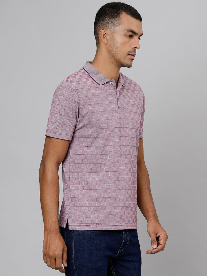 Men Pink Regular Fit Checkered Polo Neck T-Shirt