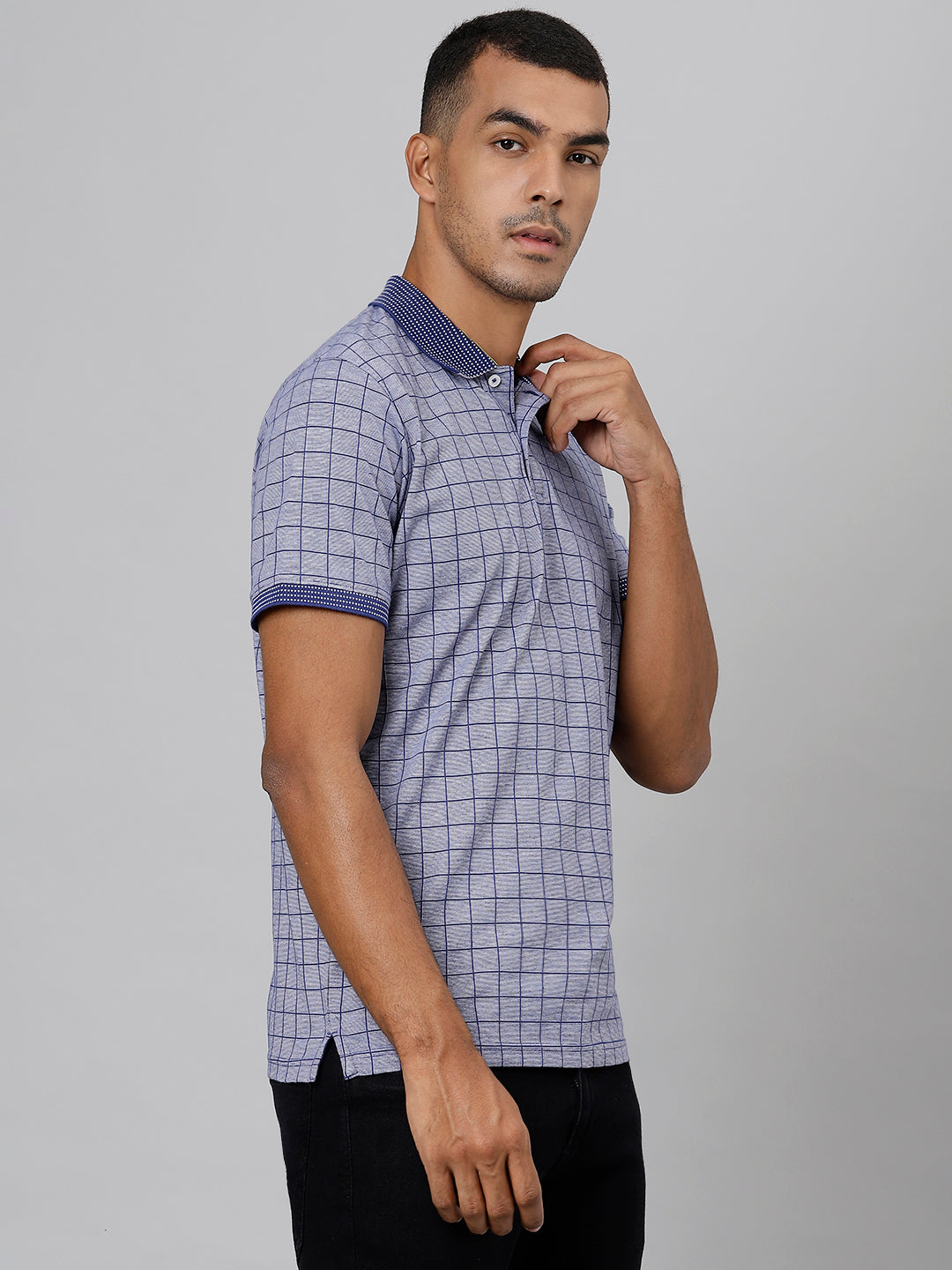 Men Blue Grey Regular Fit Checkered Polo Neck T-Shirt