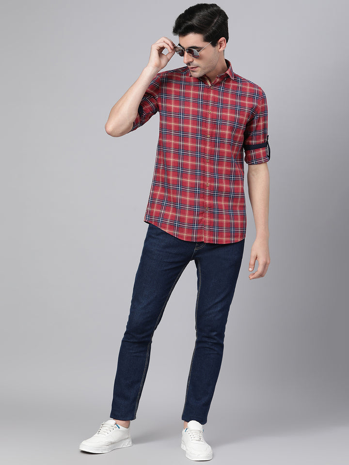 Men Red Slim Fit Checkered Casual Shirt