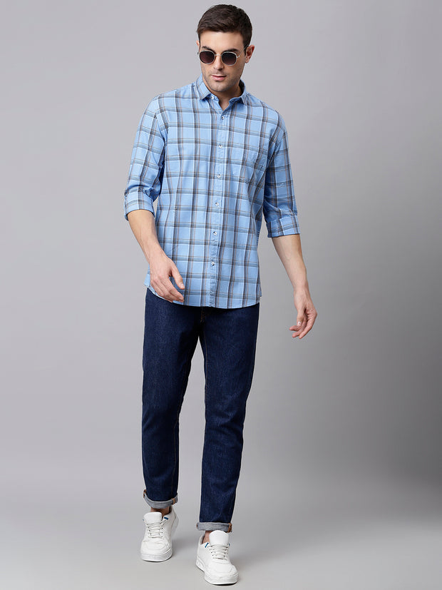 Men Sky Slim Fit Checkered Casual Shirt