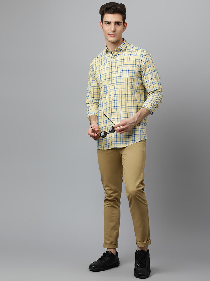 Men Yellow Slim Fit Checkered Casual Shirt