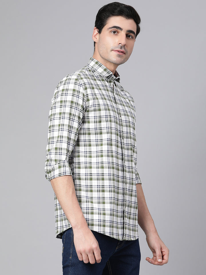 Men Olive Slim Fit Checkered Casual Shirt