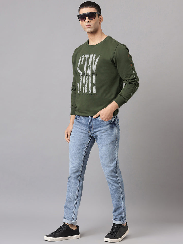 Men Olive Regular Fit Crew Neck Sweat Shirt