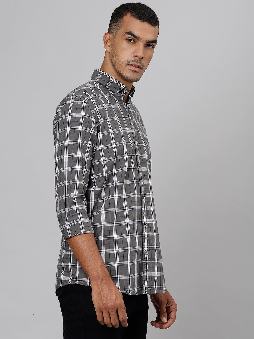 Men Grey Slim Fit Checkered Casual Shirt