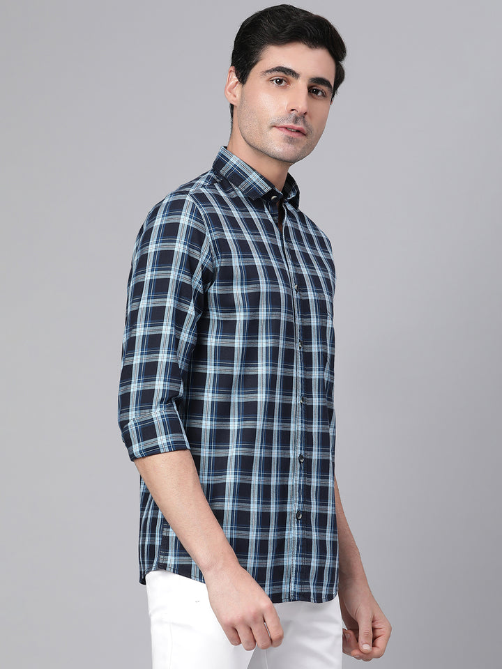 Men Navy Slim Fit Checkered Casual Shirt