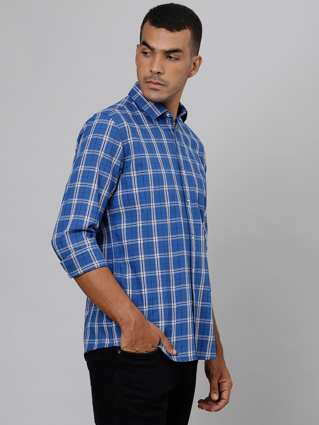 Men Blue Slim Fit Checkered Casual Shirt