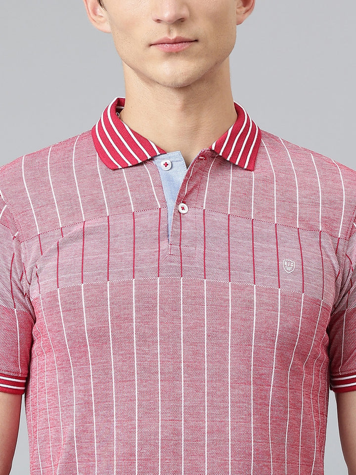 Men Red Regular Fit Striped Polo Neck T-Shirt