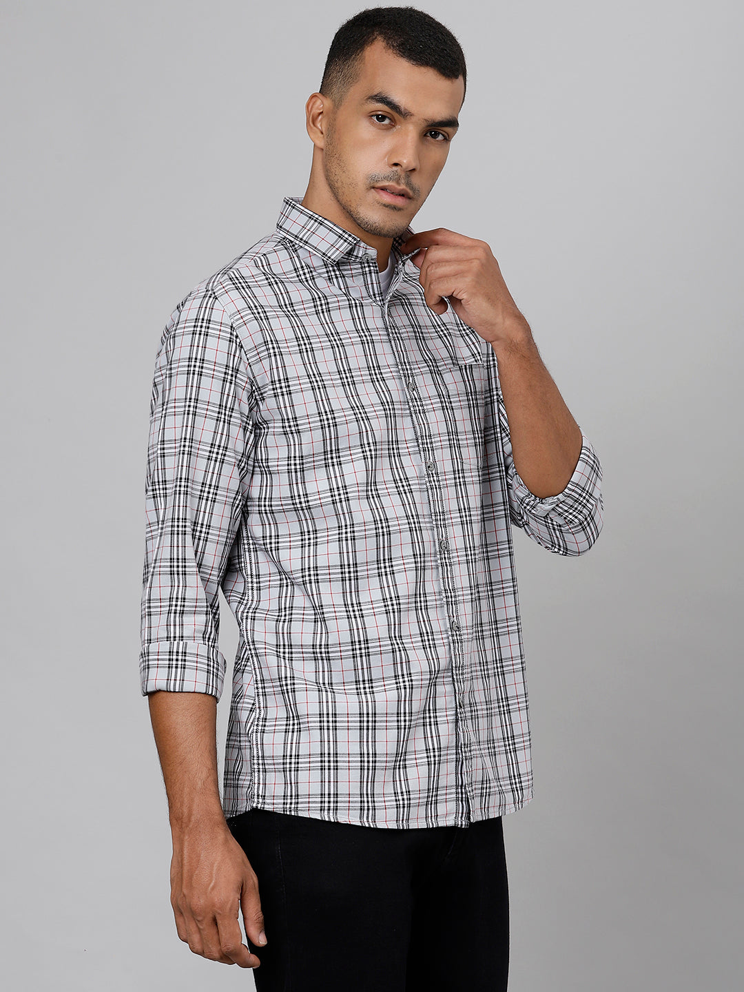 Men Light Grey Slim Fit Checkered Casual Shirt