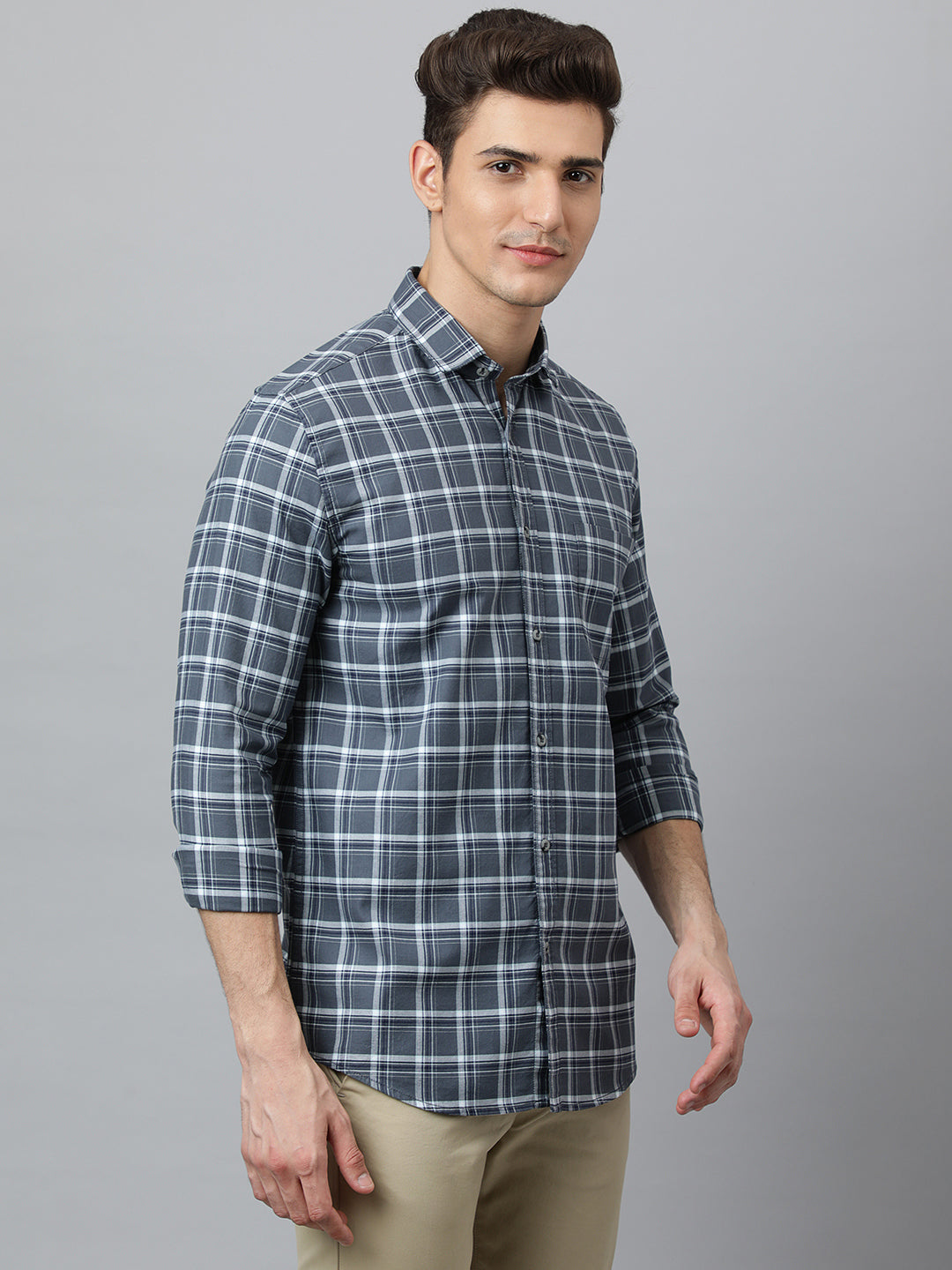 Men Grey Slim Fit Checkered Casual Shirt