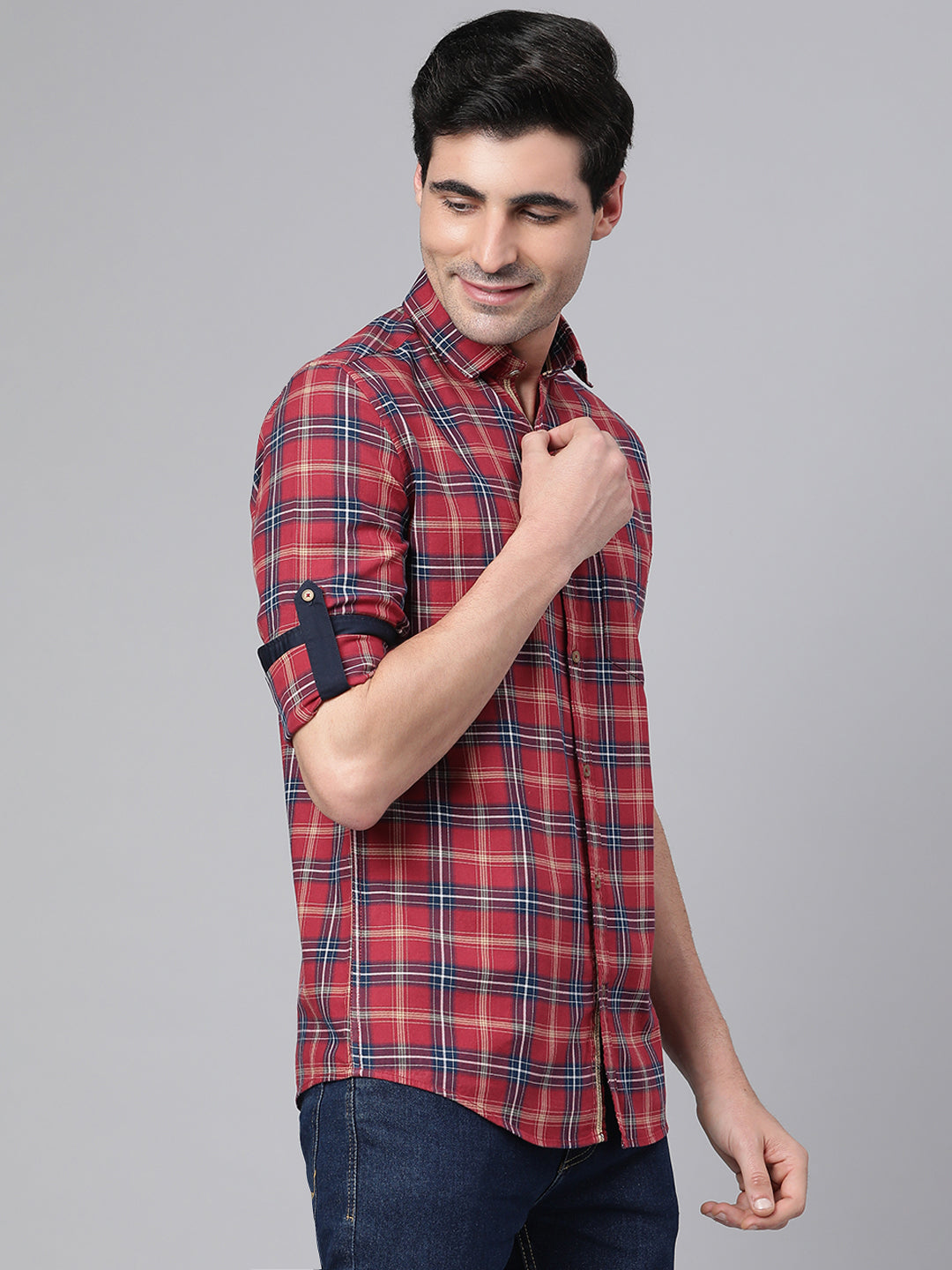 Men Red Slim Fit Checkered Casual Shirt