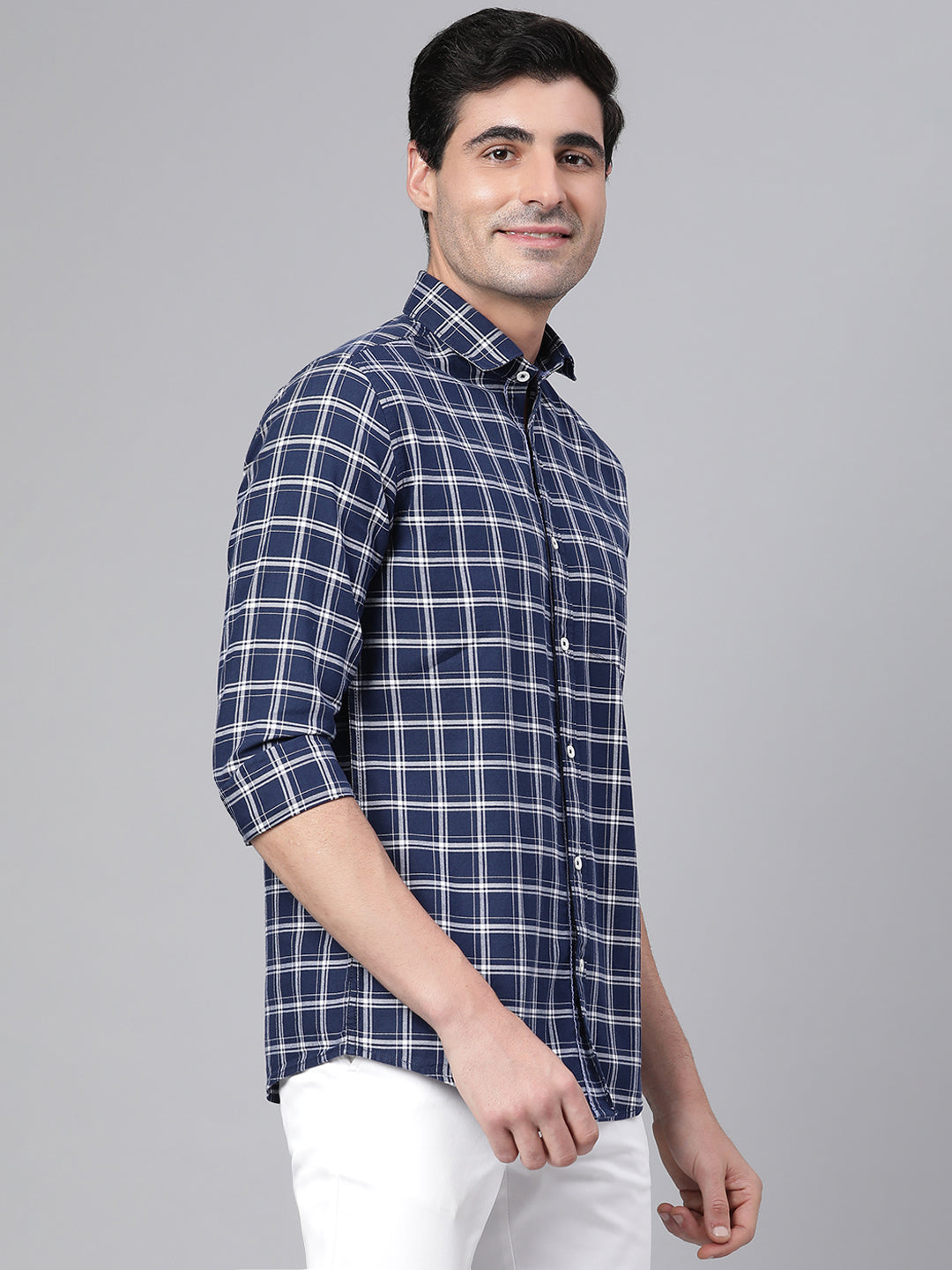 Men Navy Slim Fit Checkered Casual Shirt