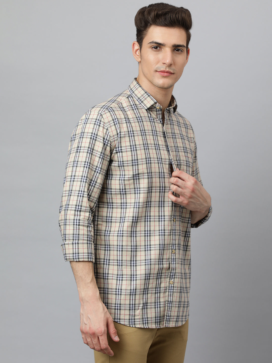 Men Pal Cream  Slim Fit Checkered Casual Shirt