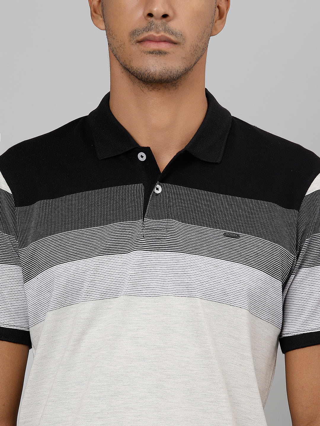 Men Ecru Regular Fit Striped Polo Neck T-Shirt