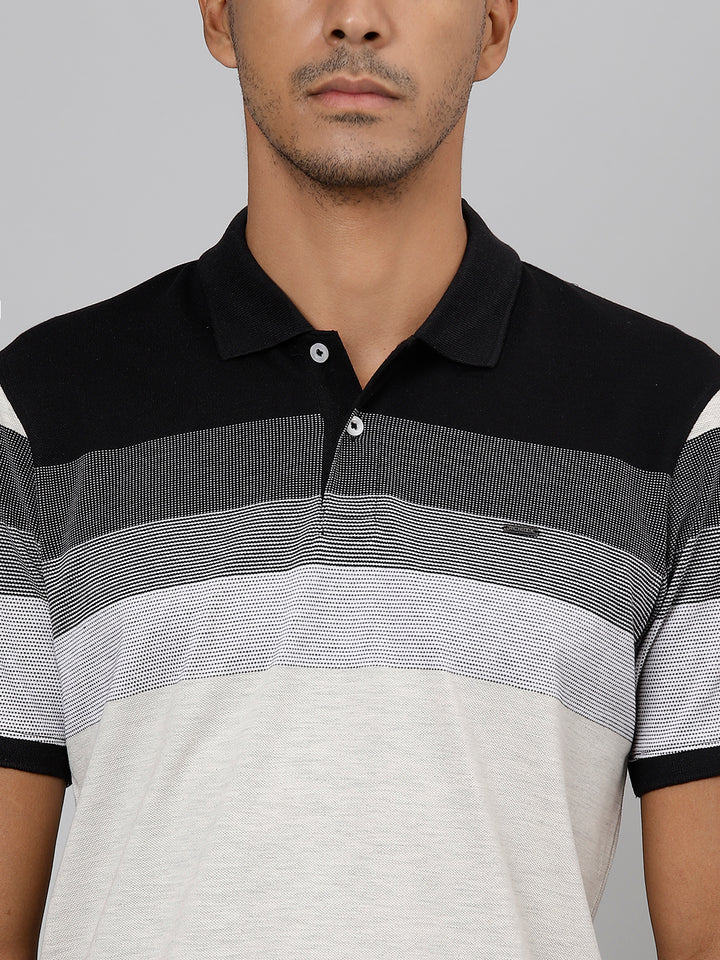 Men Ecru Regular Fit Striped Polo Neck T-Shirt