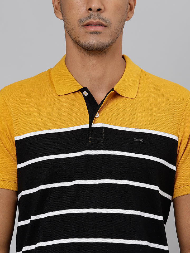 Men Mustard Black Regular Fit Striped Polo Neck T-Shirt