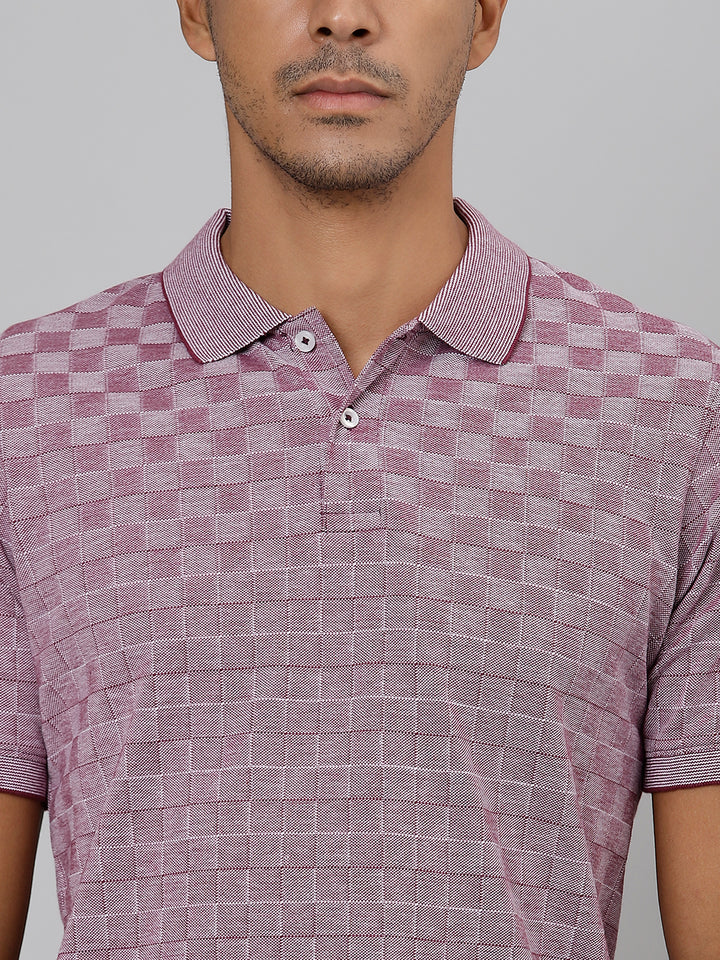 Men Pink Regular Fit Checkered Polo Neck T-Shirt