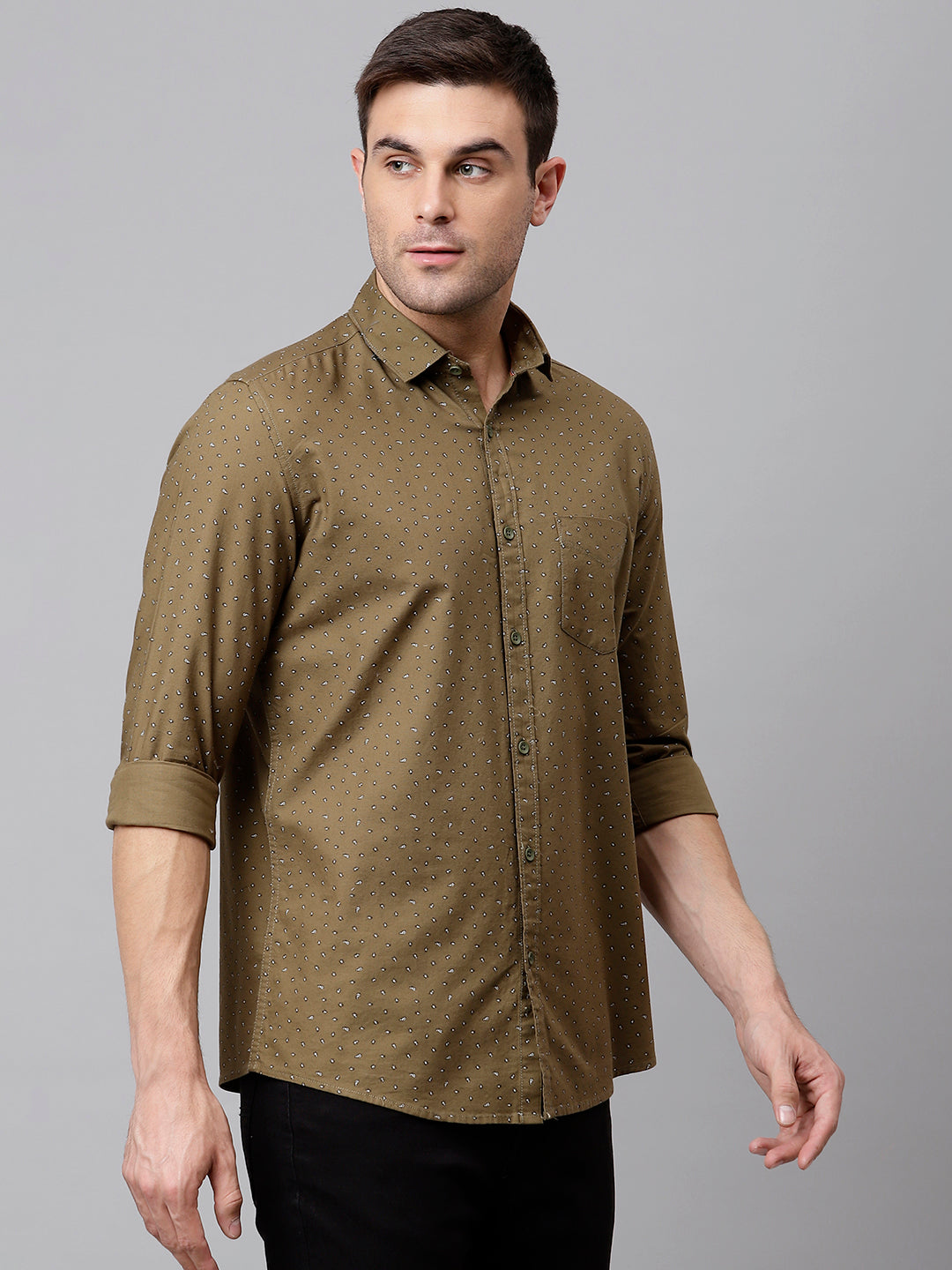 Men Olive Slim Fit Printed Casual Shirt