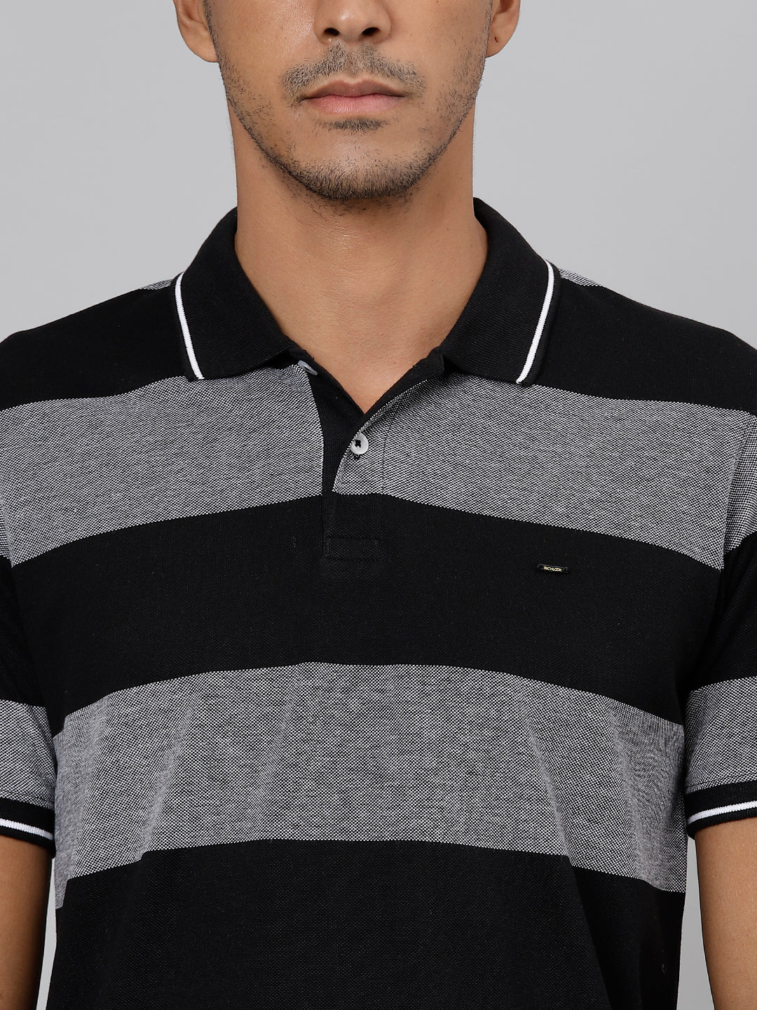 Men Grey Jet Black Regular Fit Striped Polo Neck T-Shirt