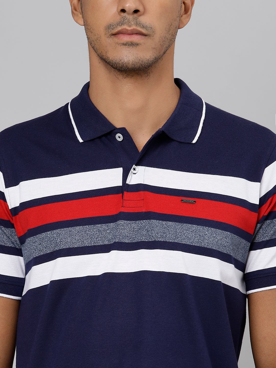 Men Navy Regular Fit Striped Polo Neck T-Shirt