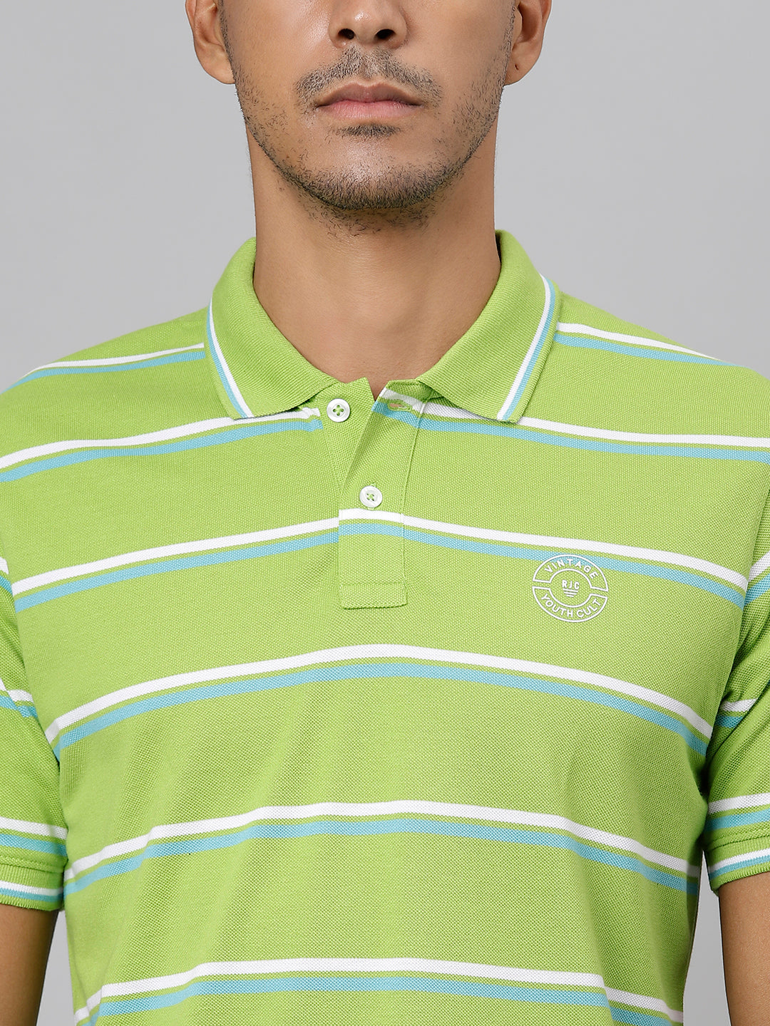 Men Green White Regular Fit Striped Polo Neck T-Shirt