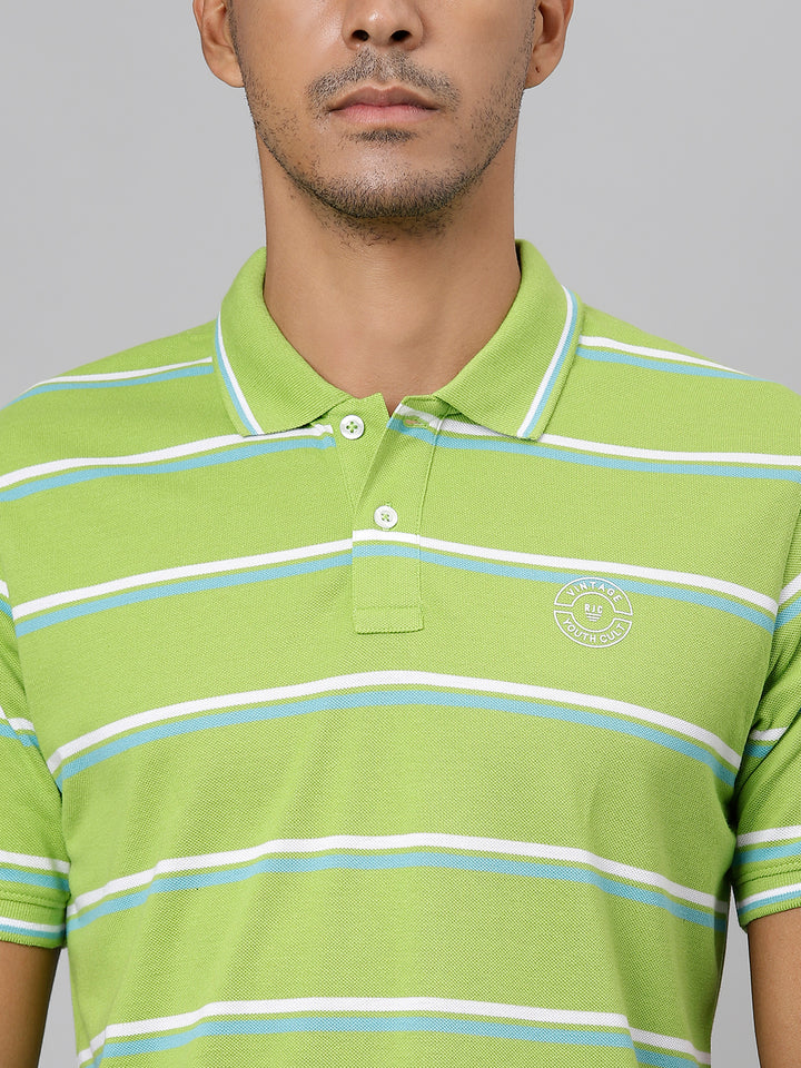 Men Green White Regular Fit Striped Polo Neck T-Shirt