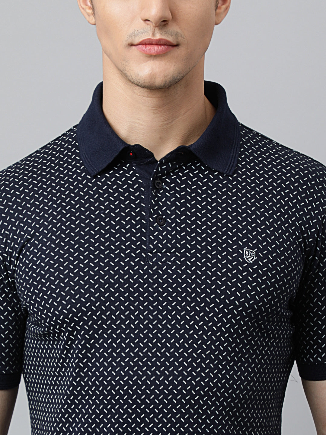 Men Navy Regular Fit Printed Polo Neck T-Shirt