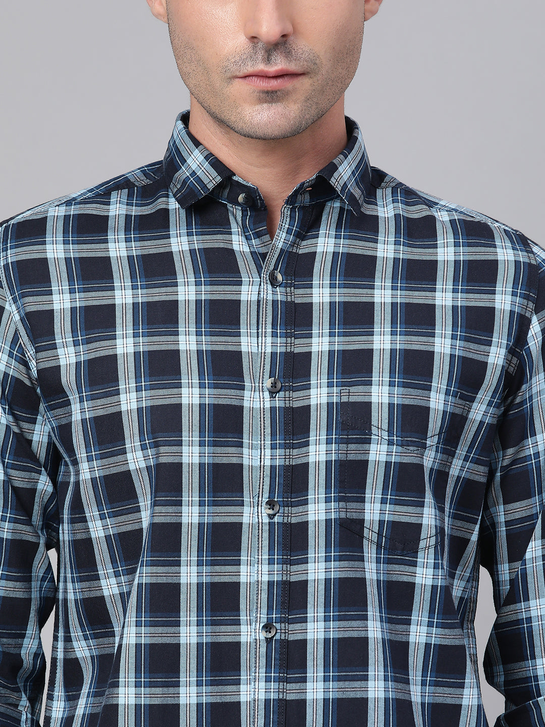 Men Navy Slim Fit Checkered Casual Shirt