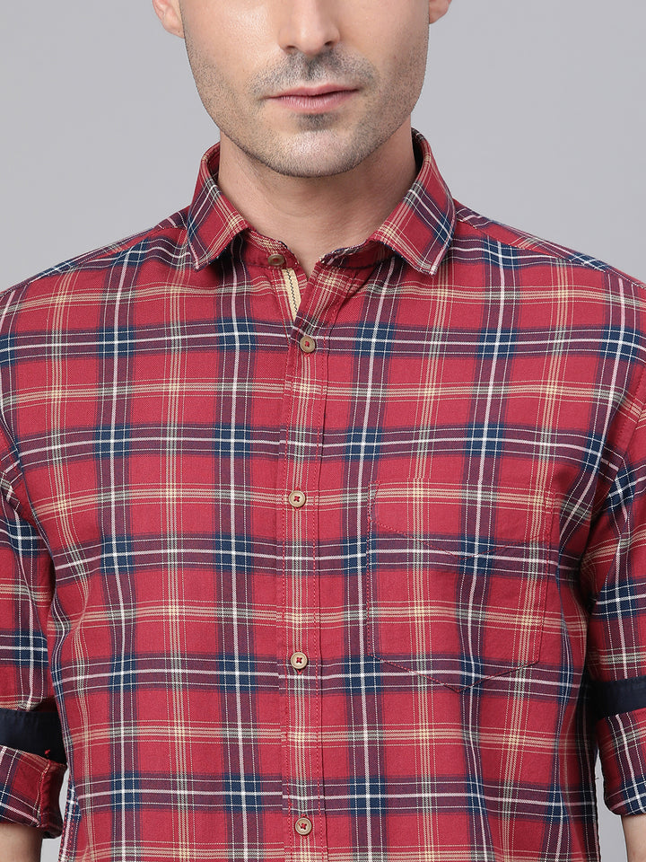 Men Red Slim Fit Checkered Casual Shirt