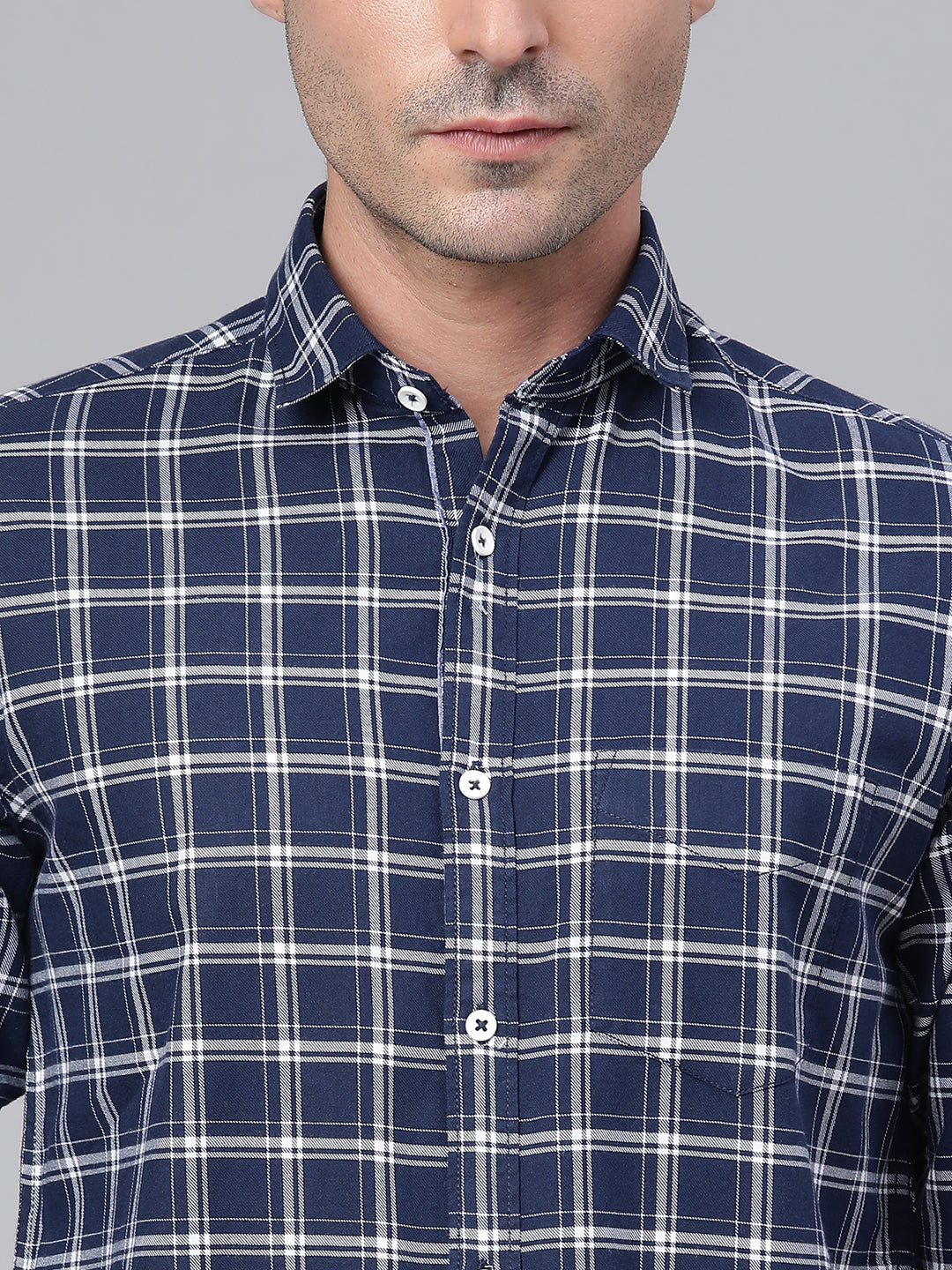 Men Navy Slim Fit Checkered Casual Shirt