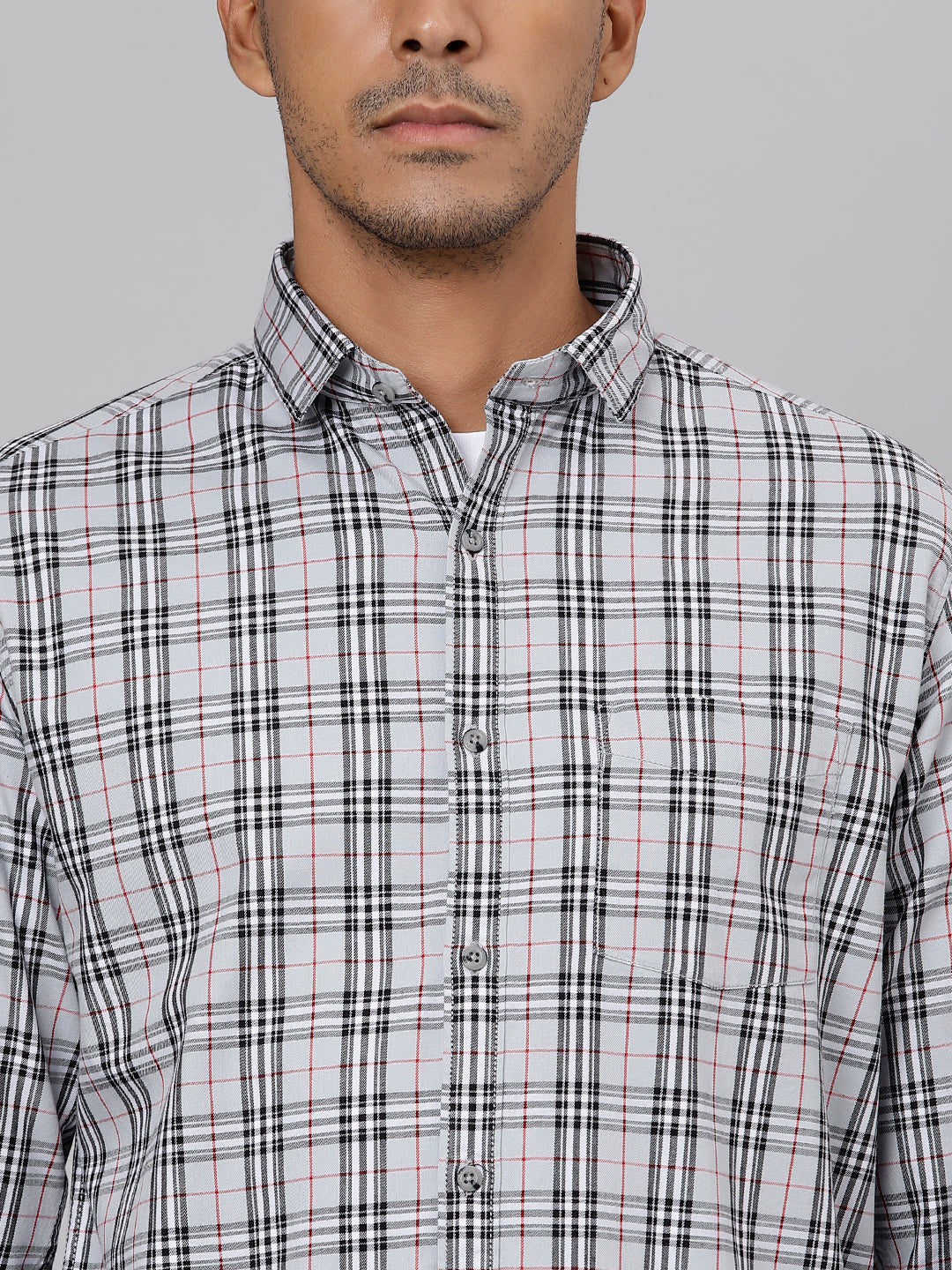 Men Light Grey Slim Fit Checkered Casual Shirt